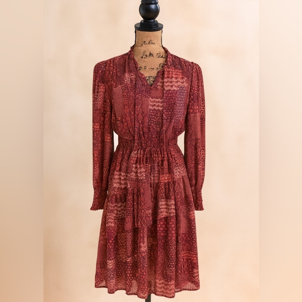 BCBG Paris Pink Mauve Wine Patchwork Boho Tiered Long Sleeve Mini Dress